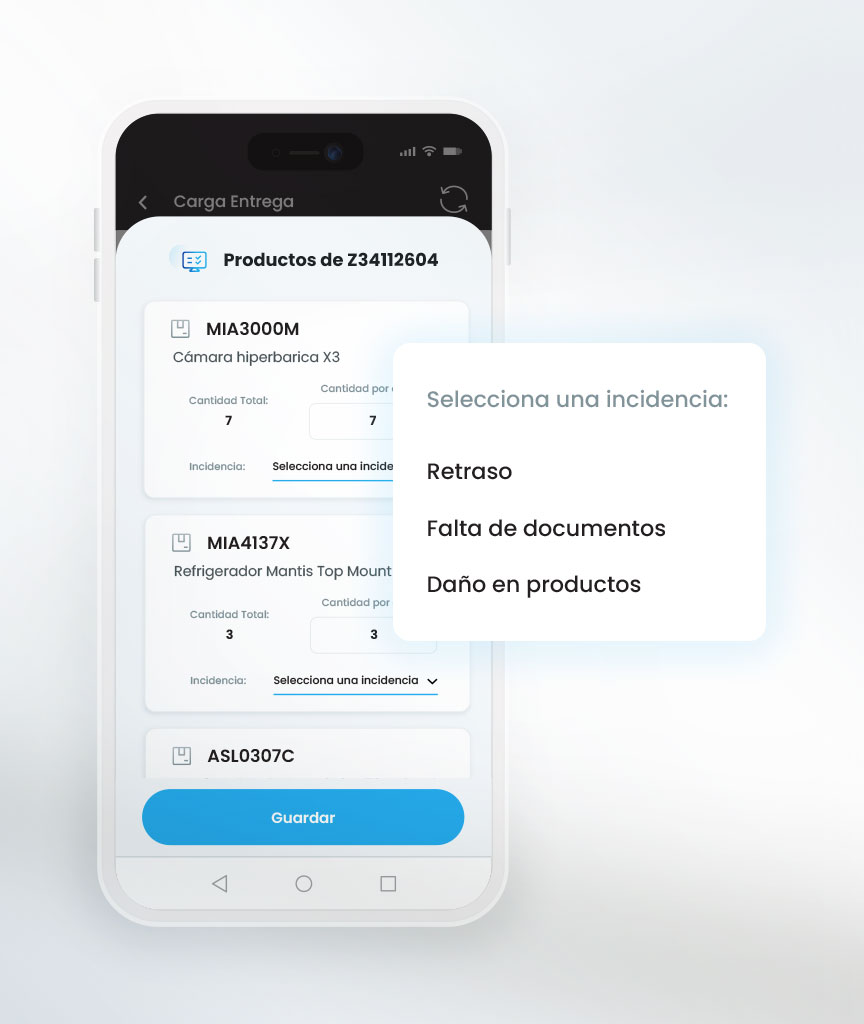 TMS App Móvil - Pantalla carga entrega